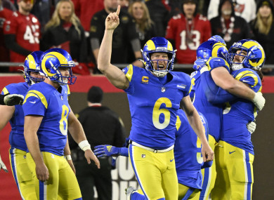 Los Angeles Rams kicker Matt Gay (6) celebrates the game-winning field goal to beat the Tampa Bay Buccaneers.