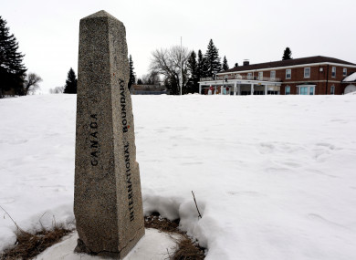 The international boundary marker at the US-Canada border near the former border crossing at Emerson, Manitoba.