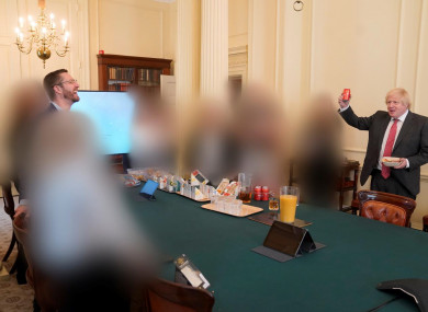 A picture of Boris Johnson at a gathering in 10 Downing Street on his birthday, which has been released with the publication of Sue’s Gray report.
