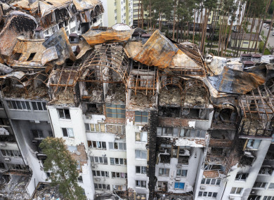 An aerial view of a residential area destroyed by Russian shelling in Irpin close to Kyiv, Ukraine.