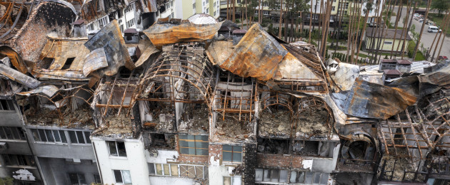 An aerial view of a residential area destroyed by Russian shelling in Irpin close to Kyiv, Ukraine.