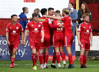 Sean Boyd celebrates his goal with his Shelbourne team-mates