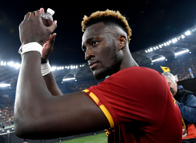 Tammy Abraham of AS Roma celebrates at the end of the Conference league semi-final.