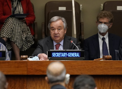 United Nations Secretary General Antonio Guterres speaks at a meeting on growing food insecurity around the world.