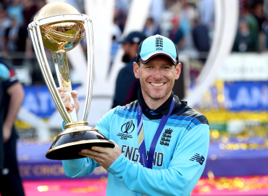 Eoin Morgan celebrates England's World Cup victory in 2019.