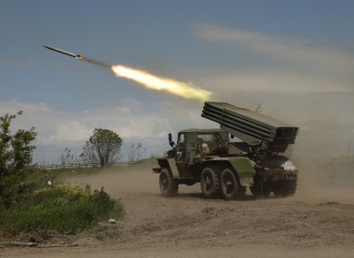 A Donetsk People’s Republic militia’s multiple rocket launcher fires from a position not far from Panteleimonivka