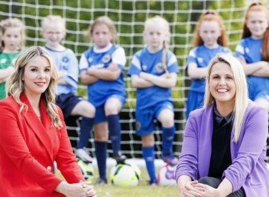 RTÉ Sport presenters Marie Crowe and Jacqui Hurley at the launch of RTÉ Sport's coverage of UEFA Women's Euro 2022 with Lía O'Neill (7), Quinn Murphy (8), Sofia Mooney (8), Emily McCabe (9), Rhea McGlynn (8) and Molly McGlynn (9) of the FAI Summer School.