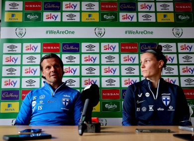 Finland head coach Marko Saloranta and Natalia Kuikka at this evening's pre-match press conference.