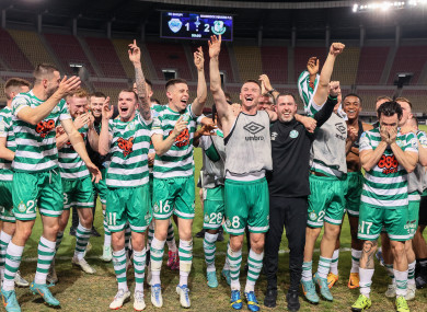 Shamrock Rovers players and management celebrate their win.